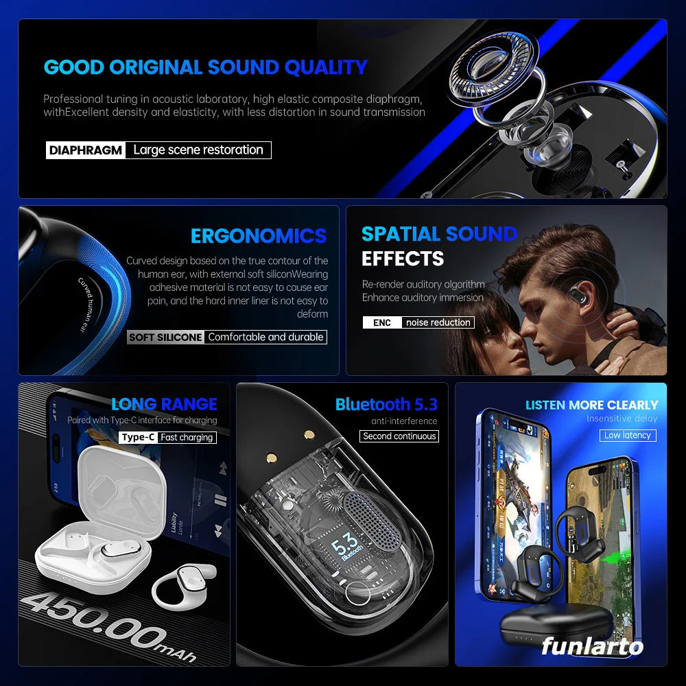 Ergonomic Open-Ear Earbuds with Secure Fit & Rich Sound